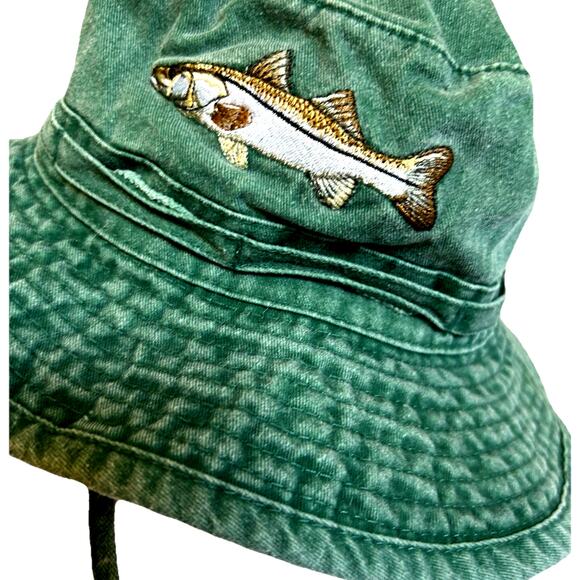 VTG Fishing Bucket Hat SNOOK Fish Embroidered 100% Cotton Faded Green Headwear M - Picture 2 of 8